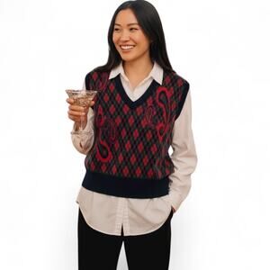 Hunters Ridge Argyll Unisex Holiday Pull-on Sweater Vest Red and Blue size L
